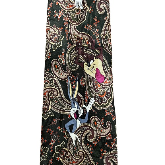 Vintage Looney Tunes Tie Necktie Green Paisley Pattern Bugs Bunny & Taz - Picture 2 of 5